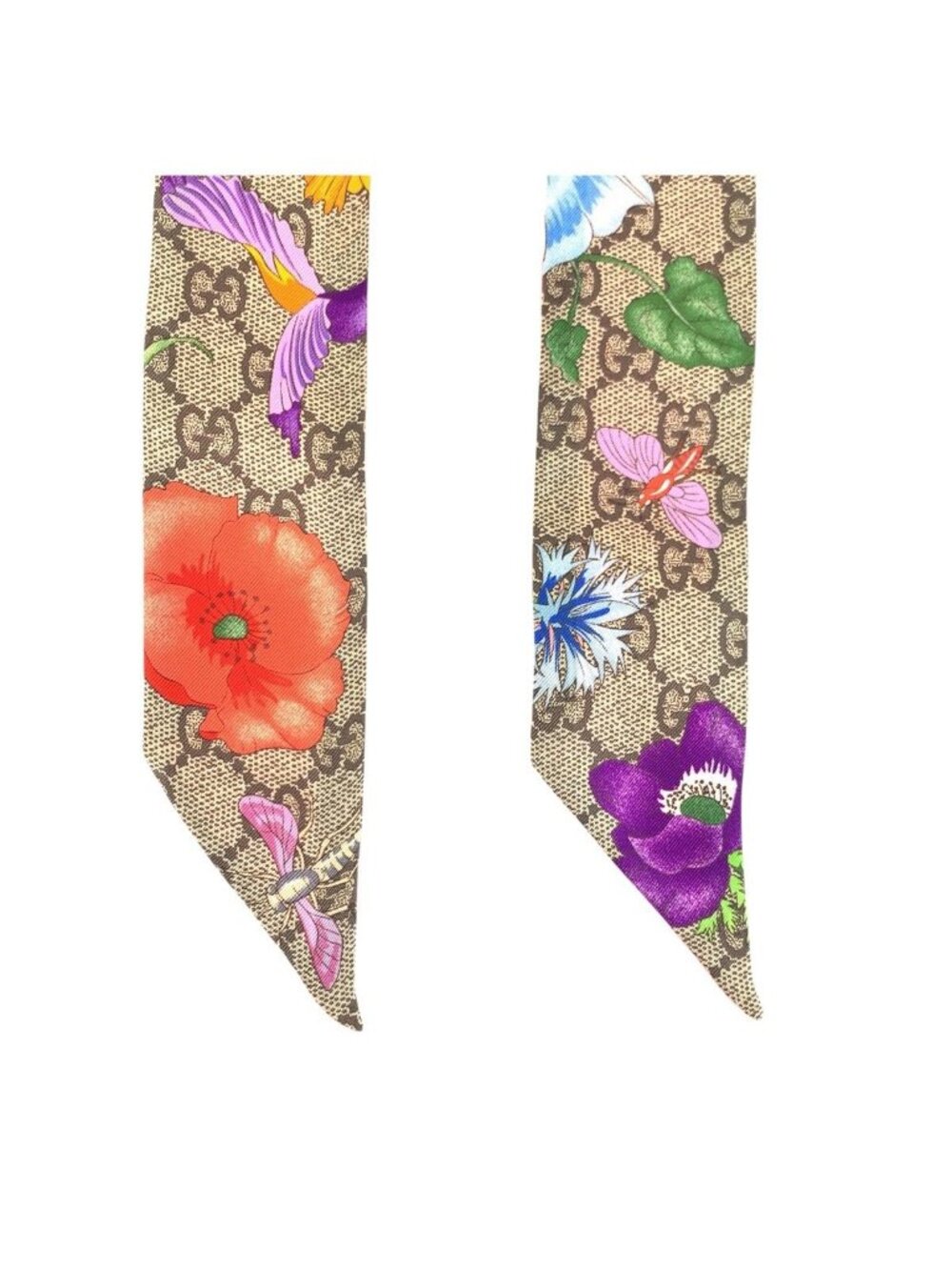 Gucci Flora Print GG Pattern Beige Multicolor Silk Scarf Ribbon - Picture 4 of 6